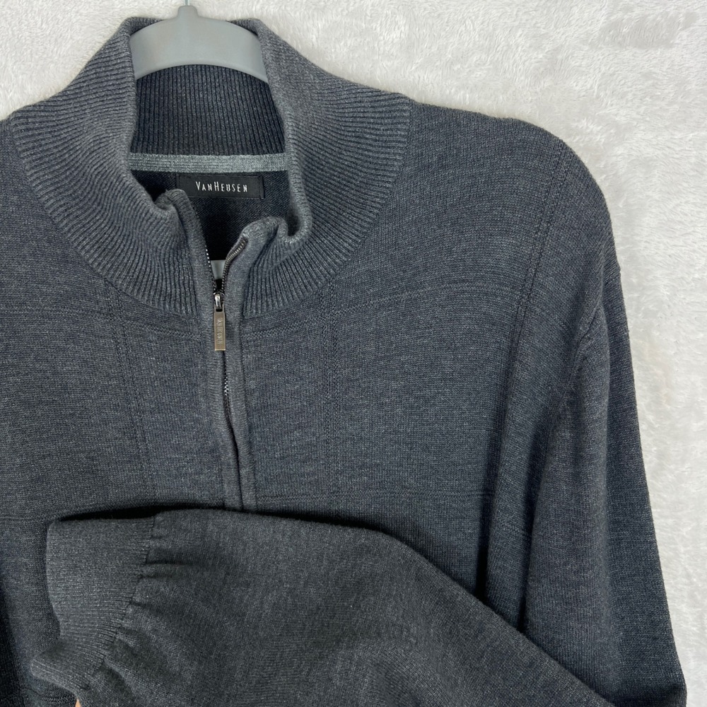 Mens L Charcoal Heather Half Zip Mock Neck Sweater Ribbed Collar Cozy Knit - Picture 2 of 7